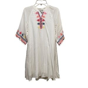Lucky Brand Boho Embroidered Tunic Dress White Multicolor Size Large